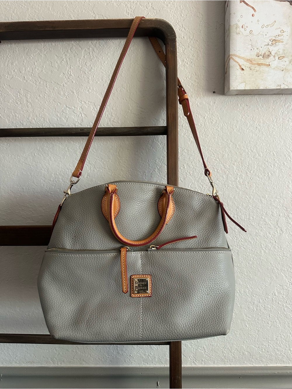 Dooney & Bourke Gray Pebbled Leather Satchel with Tan Trim
